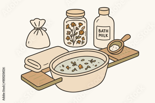 flat vector handdrawn soft palette clean outlines white background herbal bath muslin sachet dried flowers jar bath milk bottle wooden scoop tub tray towel no logos no gloss