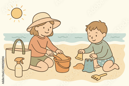 flat vector handdrawn soft palette clean outlines white background beach with kids sun hat rash guard sand toys swim diapers tote bag spray bottle no logos no gloss