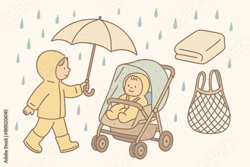 flat vector handdrawn soft palette clean outlines white background rainy day rain suit umbrella stroller rain shield towel mesh bag no logos no gloss
