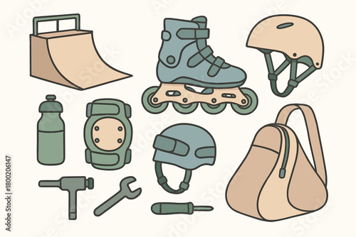 flat vector handdrawn soft palette clean outlines white background skate park inline skates pads helmet bottle tool carry bag no logos no gloss