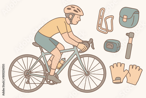 flat vector handdrawn soft palette clean outlines white background road cycling helmet bottle cage repair kit pump gloves no logos no gloss