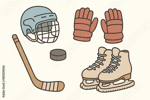 flat vector handdrawn soft palette clean outlines white background ice hockey stick puck gloves helmet skate guards no logos no gloss