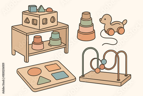 flat vector handdrawn soft palette clean outlines white background montessori shelf shape sorter stacking cups pull toy wooden puzzle bead maze tray no logos no gloss