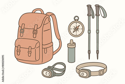 flat vector handdrawn soft palette clean outlines white background hiking essentials backpack trekking poles compass water filter headlamp no logos no gloss