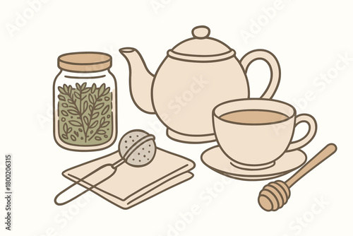flat vector handdrawn soft palette clean outlines white background herbal tea time teapot infuser glass jar of herbs honey dipper cup linen napkin no logos no gloss