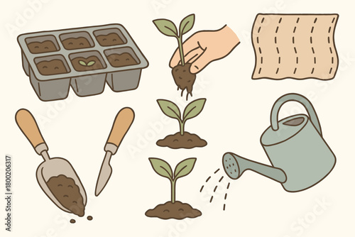 flat vector handdrawn soft palette clean outlines white background seedling transplant cell tray plug tray transplanter soil scoop gentle waterer shade cloth piece no logos no gloss