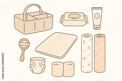 flat vector handdrawn soft palette clean outlines white background baby essentials diaper caddy wipes case diaper cream tube change pad swaddles rattle no logos no gloss