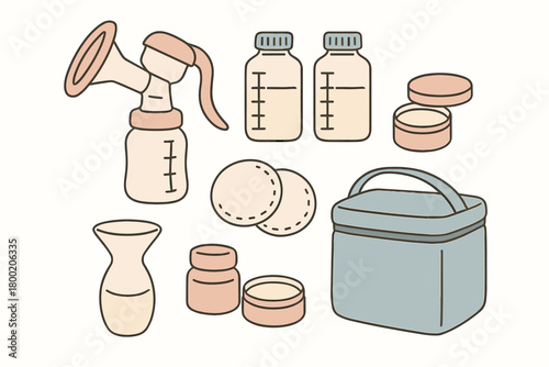 flat vector handdrawn soft palette clean outlines white background breastfeeding kit manual pump milk bags nipple balm nursing pads silicone collector cooler pouch no logos no gloss