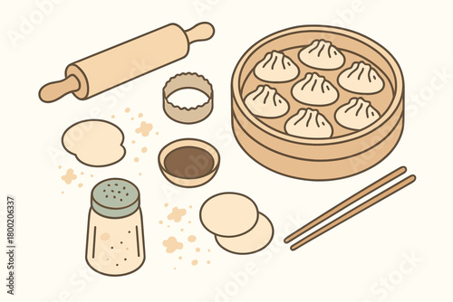 flat vector handdrawn soft palette clean outlines white background dumpling night rolling pin round cutter bamboo steamer dipping dish chopsticks flour shaker no logos no gloss