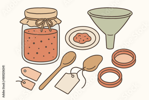flat vector handdrawn soft palette clean outlines white background jams and preserves jam pot wooden spoon gel tester plate jar funnel lids label tags no logos no gloss