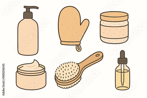 flat vector handdrawn soft palette clean outlines white background body care body wash bottle exfoliating mitt sugar scrub jar body cream tub dry brush body oil no logos no gloss