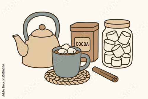flat vector handdrawn soft palette clean outlines white background winter warmers kettle mug cocoa tin marshmallow jar cinnamon stick knit coaster no logos no gloss