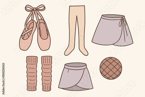 flat vector handdrawn soft palette clean outlines white background dance class ballet shoes tights wrap skirt leg warmers hair net no logos no gloss