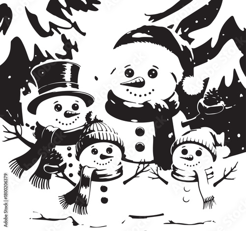 Four cheerful snowmen wearing winter hats and scarves standing together in a festive holiday scene.