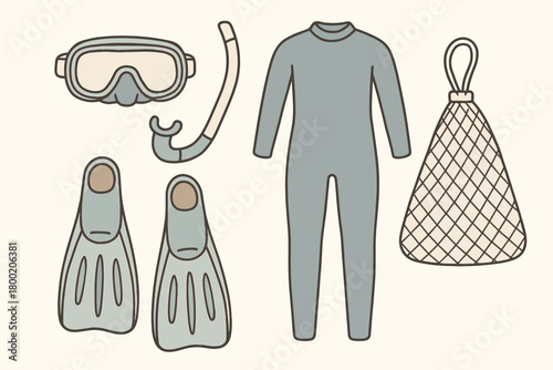 flat vector handdrawn soft palette clean outlines white background dive set mask snorkel fins wetsuit mesh bag no logos no gloss