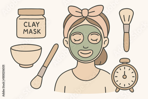 flat vector handdrawn soft palette clean outlines white background face mask night clay mask jar mixing bowl spatula headband soft brush timer no logos no gloss