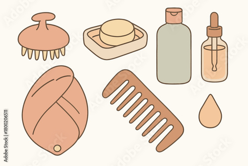 flat vector handdrawn soft palette clean outlines white background hair care scalp brush shampoo bar dish conditioner bottle hair oil dropper microfiber wrap wide comb no logos no gloss
