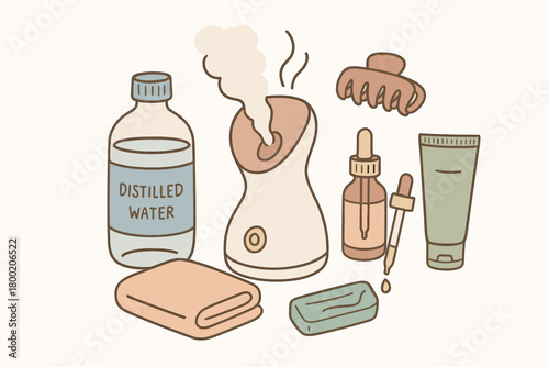flat vector handdrawn soft palette clean outlines white background home spa steam facial steamer distilled water bottle towel serum dropper cooling gel hair clip no logos no gloss