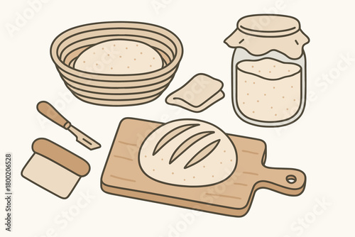 flat vector handdrawn soft palette clean outlines white background bread making proofing basket scoring knife dough scraper flour jar linen cover bread board no logos no gloss