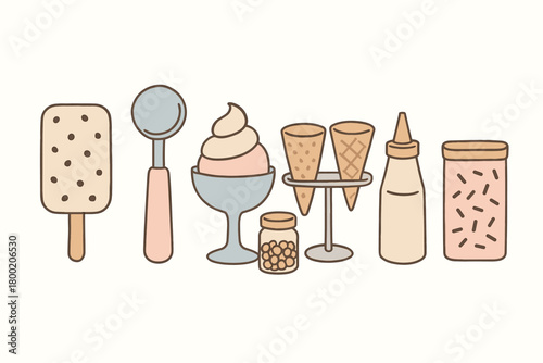flat vector handdrawn soft palette clean outlines white background dessert bar ice cream scoop sundae glass topping jar cone holder sauce bottle sprinkle tin no logos no gloss