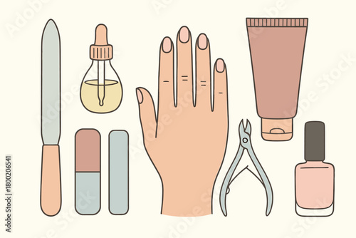flat vector handdrawn soft palette clean outlines white background manicure care glass file cuticle oil nail buffer hand cream tube nippers polish bottle no logos no gloss