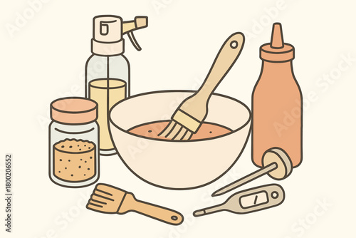 flat vector handdrawn soft palette clean outlines white background marinade prep mixing bowl basting brush spice rub jar oil mister thermometer sauce bottle no logos no gloss