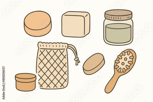 flat vector handdrawn soft palette clean outlines white background zero waste bath solid shampoo solid conditioner sisal bag refill jar metal tin bamboo brush no logos no gloss