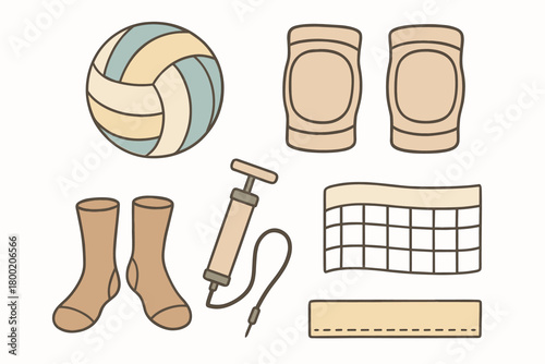 flat vector handdrawn soft palette clean outlines white background beach volleyball ball knee pads pump sand socks net tape no logos no gloss