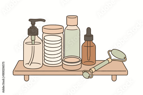 flat vector handdrawn soft palette clean outlines white background spa shelf glass pump bottle cotton rounds jar face toner bottle serum dropper balm tin jade roller no logos no gloss