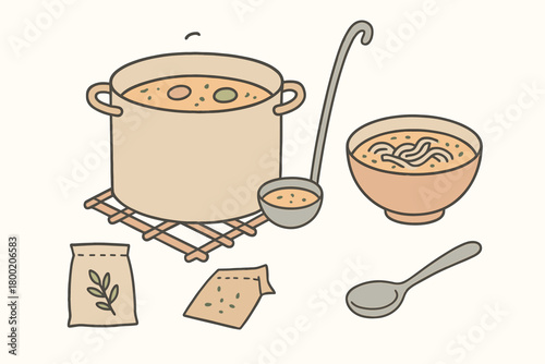 flat vector handdrawn soft palette clean outlines white background soup night stockpot ladle spice sachet noodle bowl soup spoon trivet no logos no gloss