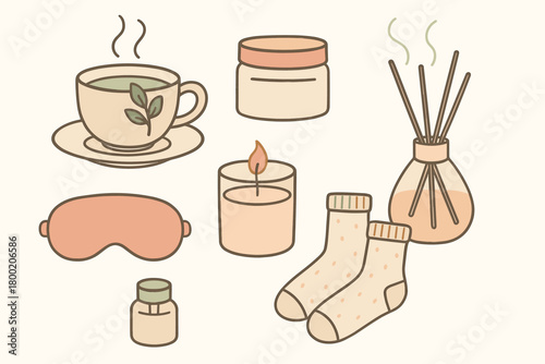 flat vector handdrawn soft palette clean outlines white background evening wind down herbal tea night cream candle diffuser eye mask socks no logos no gloss