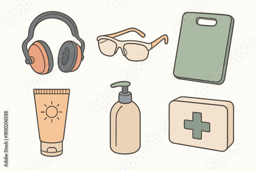 flat vector handdrawn soft palette clean outlines white background safety set ear muffs safety glasses garden kneeler sunscreen tube refillable bottle first aid tin no logos no gloss