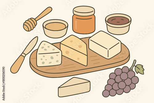 flat vector handdrawn soft palette clean outlines white background cheese board wooden board cheese knife ramekins honey dipper jam jar grape bunch no logos no gloss