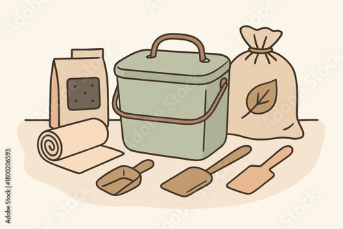 flat vector handdrawn soft palette clean outlines white background compost corner countertop bin compost bags roll carbon filter pack bran sack small scoop scraper spatula no logos no gloss