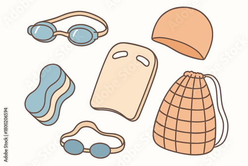flat vector handdrawn soft palette clean outlines white background swim training goggles swim cap kickboard pull buoy mesh bag no logos no gloss