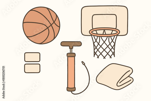 flat vector handdrawn soft palette clean outlines white background basketball basics ball hoop net wristbands pump towel no logos no gloss