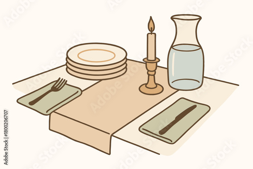 flat vector handdrawn soft palette clean outlines white background cozy dinner table table runner plates stack cutlery cloth napkins candle holder water carafe no logos no gloss