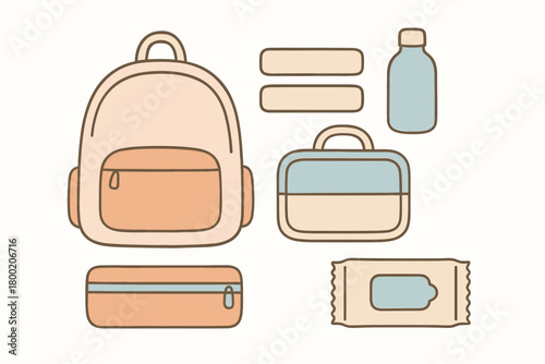 flat vector handdrawn soft palette clean outlines white background preschool pack small backpack lunch box water bottle name labels pencil case hand wipes no logos no gloss