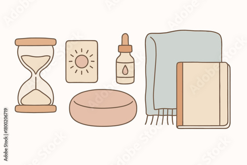 flat vector handdrawn soft palette clean outlines white background breathwork kit sand timer metronome card nasal oil cushion light blanket notebook no logos no gloss