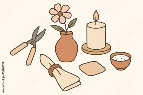 flat vector handdrawn soft palette clean outlines white background table decor vase flower snips napkin ring candle coaster salt cellar no logos no gloss