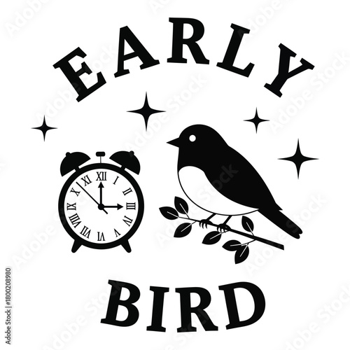 Early bird concept illustration in black and white with stars around