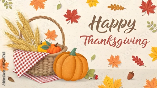3D Paper Cut Happy Thanksgiving Banner with Festive Autumn Elements