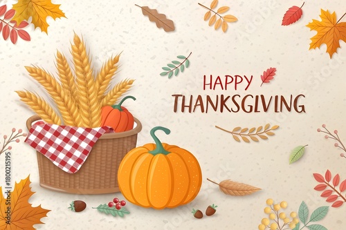 3D Paper Cut Happy Thanksgiving Banner with Festive Autumn Elements