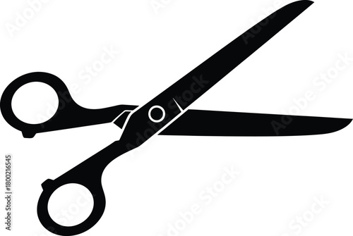A black and white illustration depicting a pair of open scissors