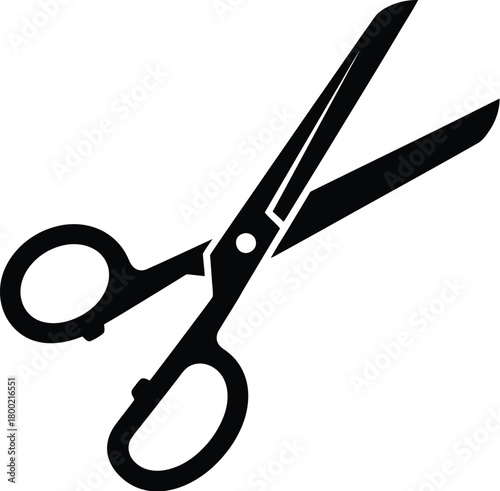 A simple black and white illustration depicting a pair of open scissors