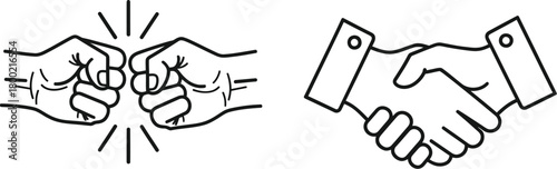 Illustrative depiction of a fist bump and a formal handshake in black lines