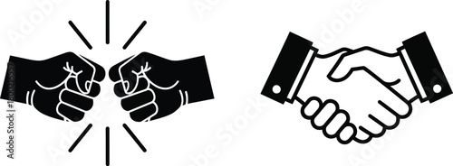 Contrast between conflict and agreement fists versus a friendly handshake