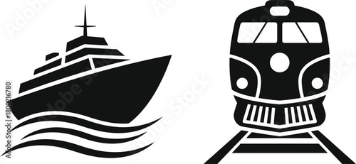 Black and white icons depicting a ship and a classic locomotive train