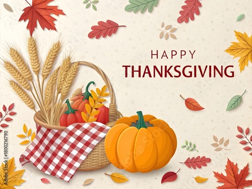 3D Paper Cut Happy Thanksgiving Banner with Festive Autumn Elements