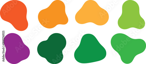 Collection of eight organic abstract blob shapes in vibrant orange yellow green and purple colors